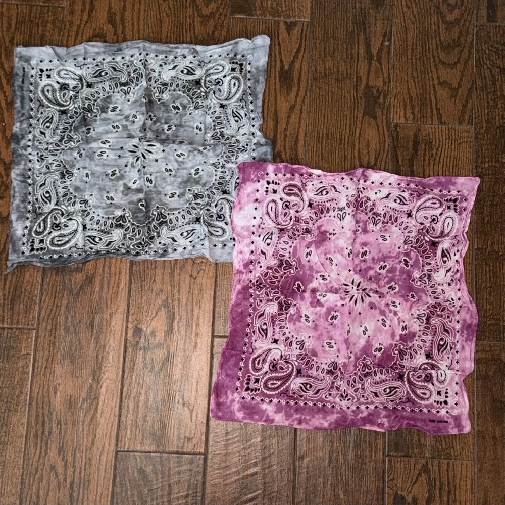 2pc Tie Dye Paisley Bandanas Purple Grey Cotton Square Scarf Set Head Wrap